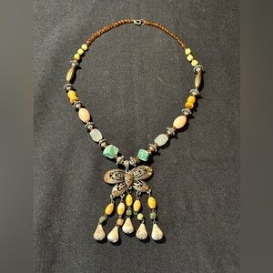 Vintage Bohemian Necklace Filigree Bronze Butterfly and Colorful Beads